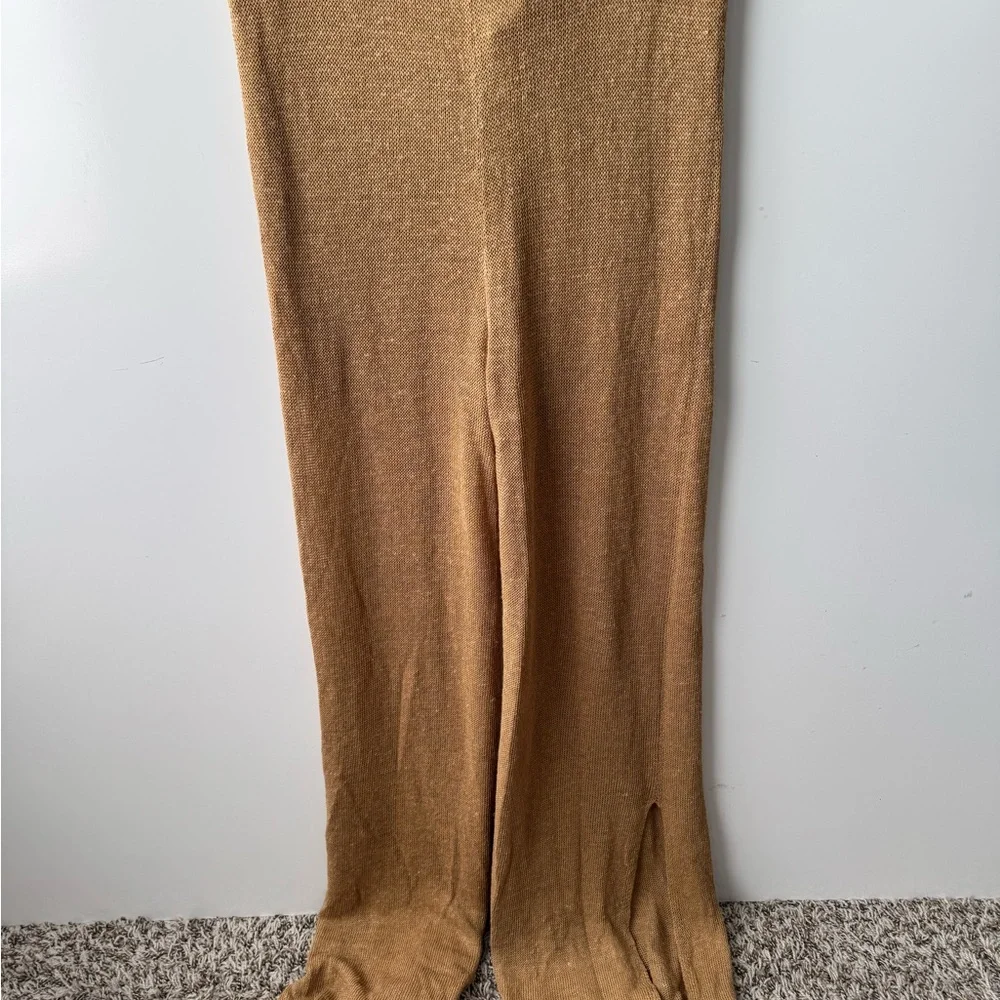 ZARA Knit High Rise Brown Linen Blend Leg Slits Wide Leg‎ Pants Size Small NWT
